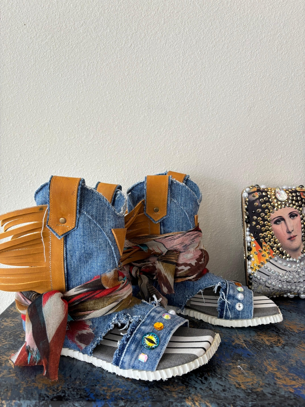 Denim Boho Fringe Sandal Boots with Tan Leather Accents